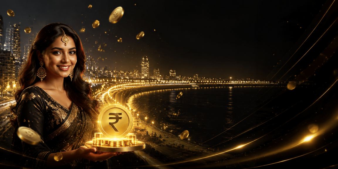 Mumbai Marine Drive at dusk with betting and Indian Rupee theme